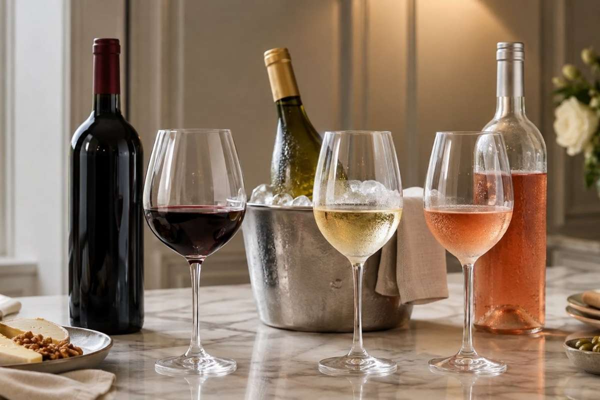 prikaz crbenog roze i belog vina i kible sa ledom i flašom vina u njoj